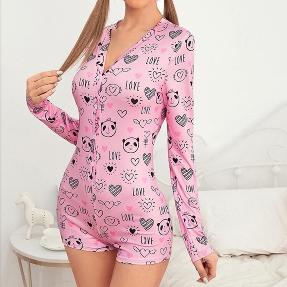 New Pink Panda Cami Pajama Romper - Picture 1 of 5